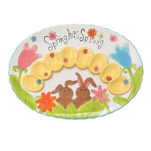 Cracker Barrel Ceramic Easter Egg Plate Bunny Flowers 'Spring Has Sprung 13x10"